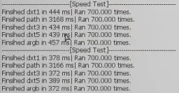 A speedtest showing the performance of a texture created with various settings of textureFormat, **without mipmaps**.
`mipmaps = false; textureEdge = "wrap".`